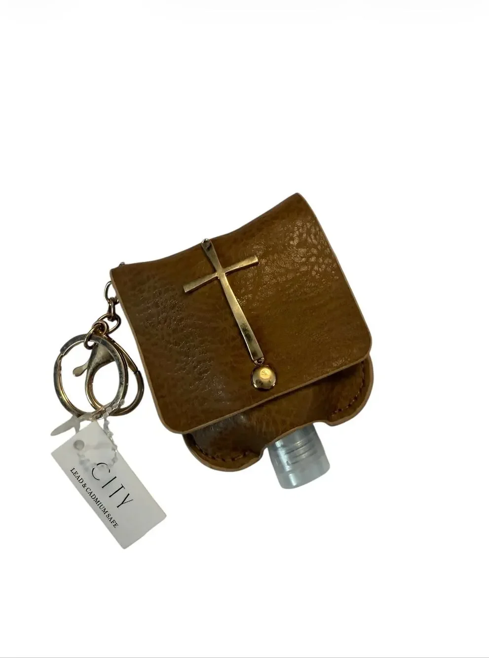 New CITY Genuine Leather Brown Gold-Tone Cross Hand Sanitizer Keychain holder